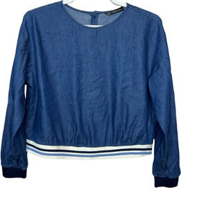 Zara long  sleeve blue striped detail jeans top Sz S